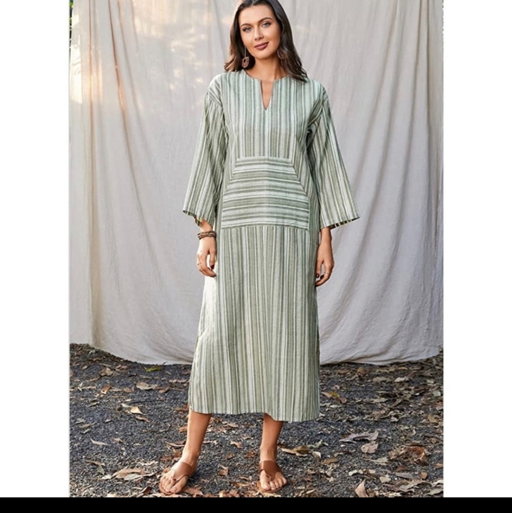 NWOT-Zanzea Womens Shift Dress Green Striped Pockets  100%Cotton SizeM